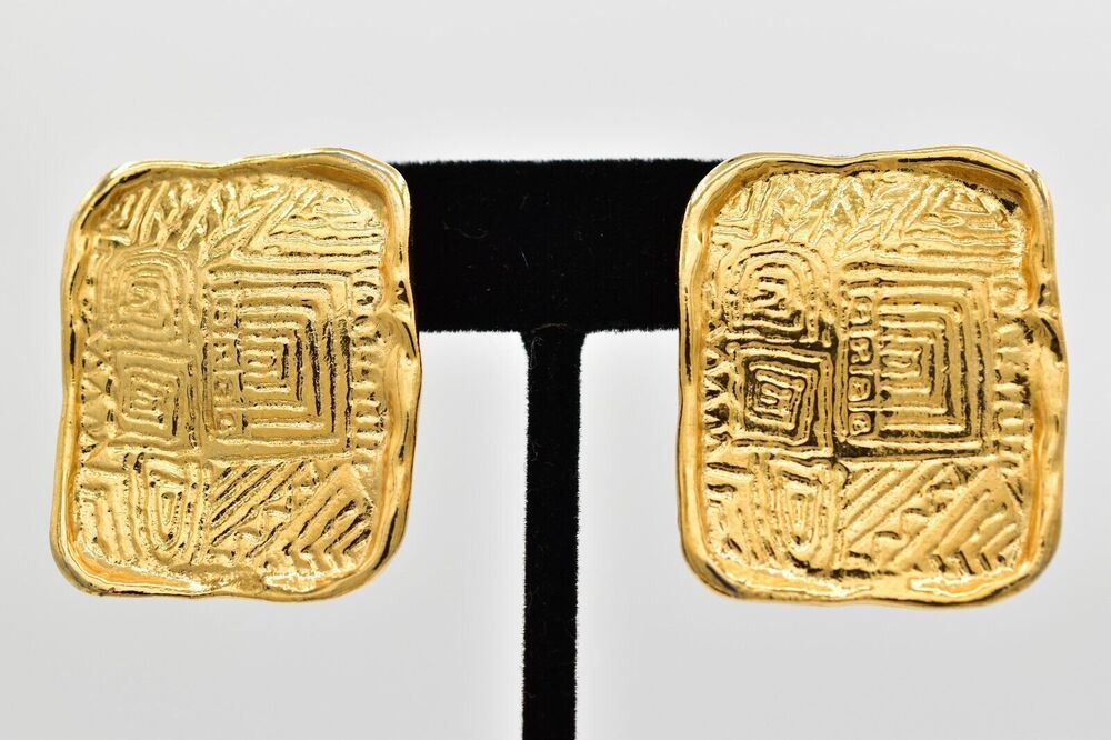 Vintage Bold Clip On Earrings Rectangle Brushed Gold Textured Chunky 1980s BinBB